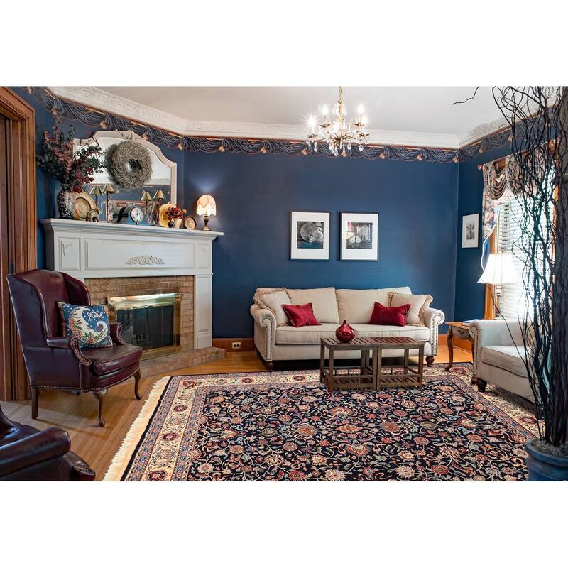 8'1''x10'3'' Hand Knotted New Zealand Wool Navy Kashaan Botanical 200 KPSI Rug - 8' 1'' x 10' 3'' - 8' 1'' x 10' 3''