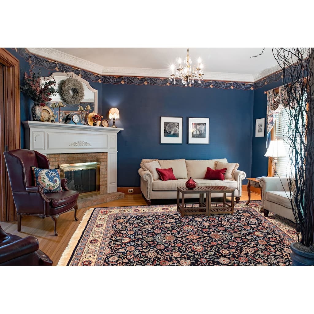 8'1''x10'3'' Hand Knotted New Zealand Wool Navy Kashaan Botanical 200 KPSI Rug - 8' 1'' x 10' 3''