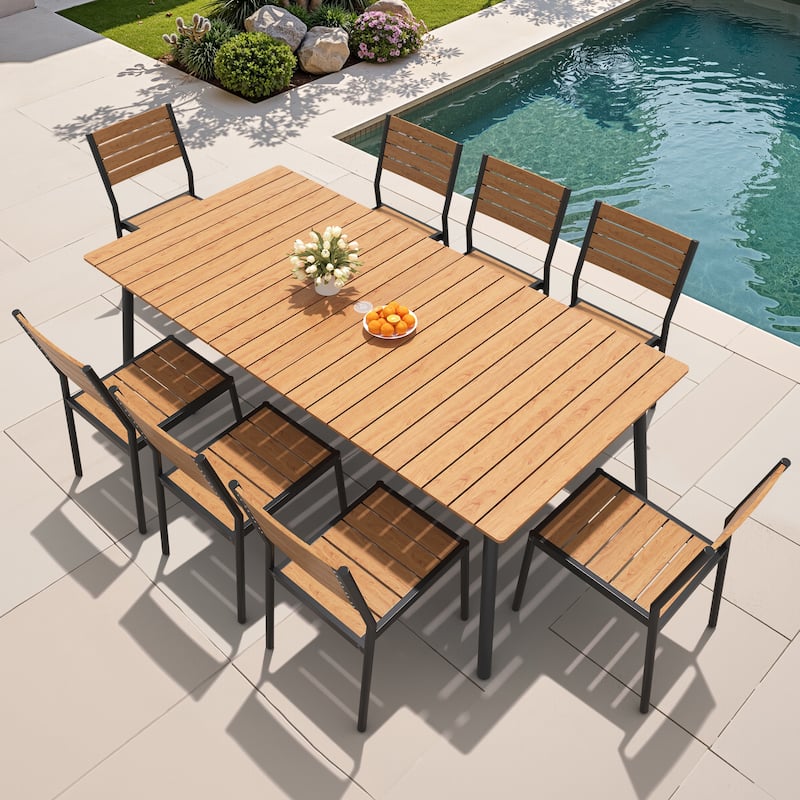 Outdoor Aluminum 9-piece Patio Dining Set Dining Table with Umbrella Hole and Chairs - Brown