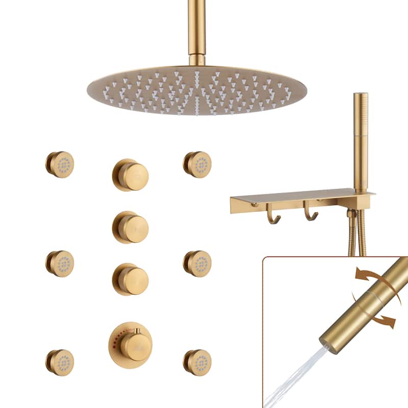 CASAINC Thermostatic 12 inch Rainfall Showerhead with Handheld Spray & 6 Body Jets Set(Can All Run Together) Rain Shower System