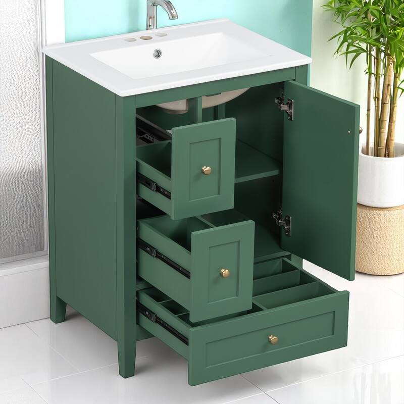 24" Bathroom Vanity with Sink, Adjustable Shelf, 3 Drawers, and Glossy White Finish - Freestanding MDF Cabinet,Storage Organizer