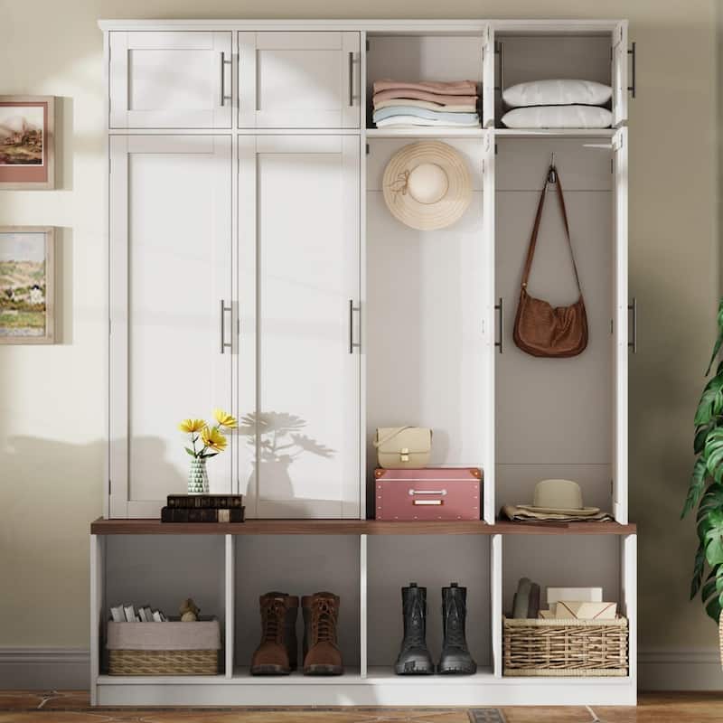 Farmhouse Hall Tree with 4 Hidden Hanging Hooks