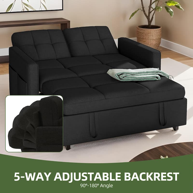 3-in-1 Sleeper Sofa with Iron Frame Pull-Out Bed, Linen Futon Couch with Reclining Backrest and Side Pocket