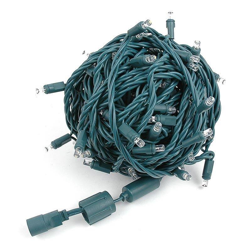 100 Light LED Coaxial Christmas Mini Light Set, Warm White, Green Wire, 50’ - Power Connector