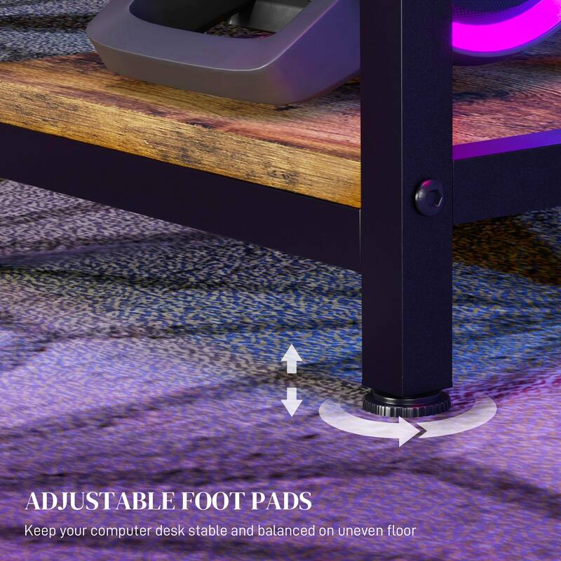 Rustic Brown Steel Particleboard Computer Desk LED Lights USB Ports
