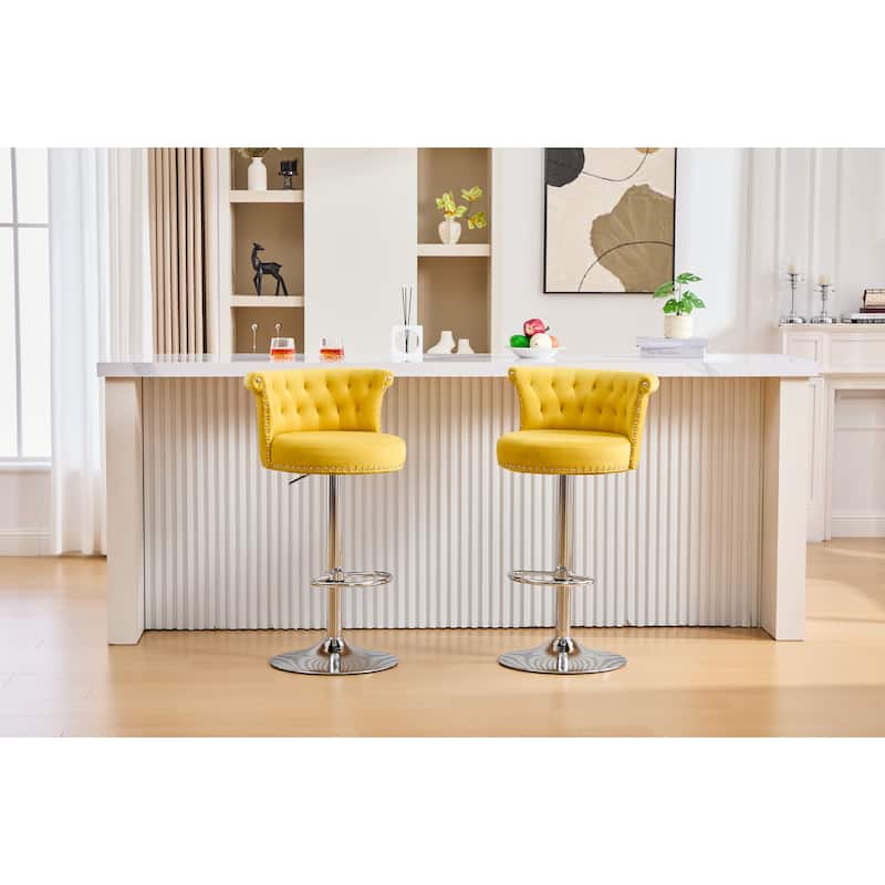 Velvet Bar Stool Set of 2, Adjustable Swivel Bar Stools with Silver Plated Metal Leg, Chrome Nailhead, Counter Height Chair