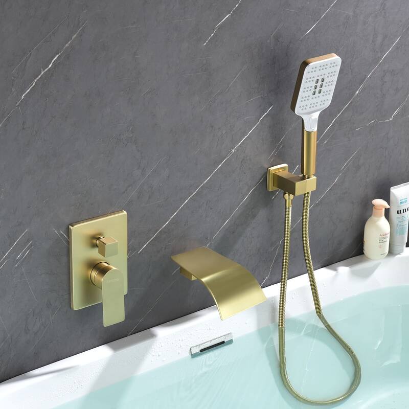 Wall Mounted Tub Faucet With Hand Sprayer Waterfall Bathtub Faucet Modern Single Handle Tub Filler Trim With Handheld Shower