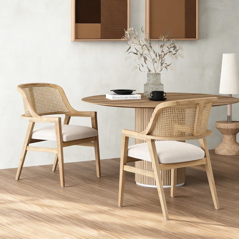 Christopher Knight Home - Mid-Century Modern Upholstered Cane Back Dining Chairs with Rubberwood Frame - Set of 2 - Beige+Natural
