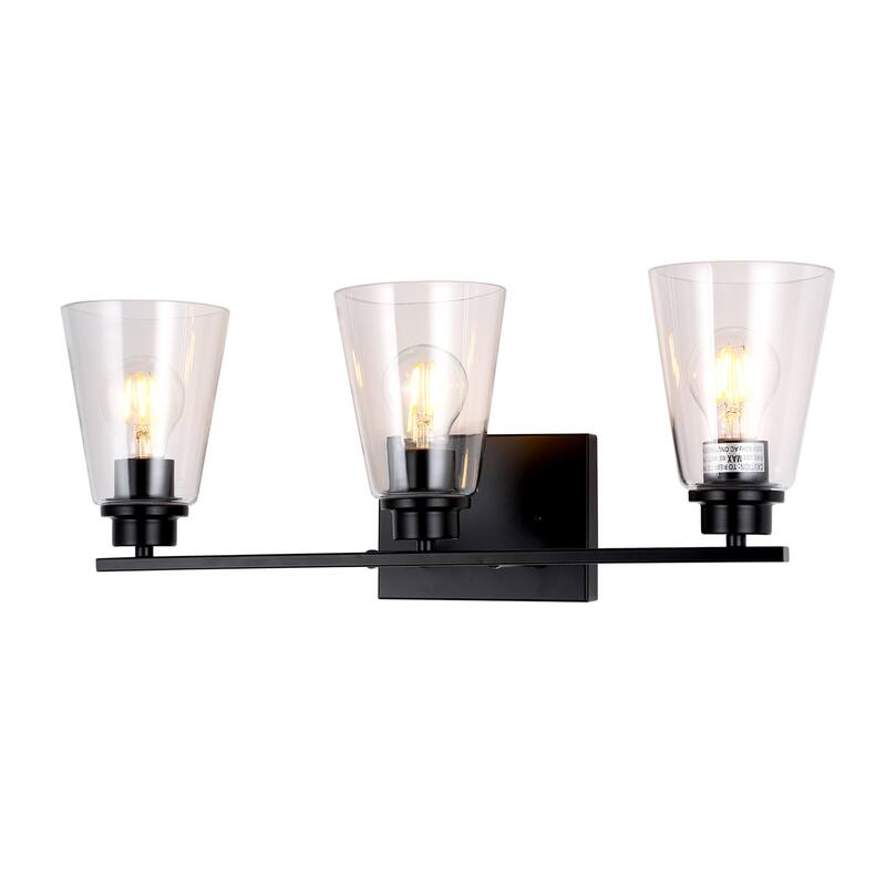 3-light Matte Black Bath/ Vanity Fixture w/ Clear Cone Glass