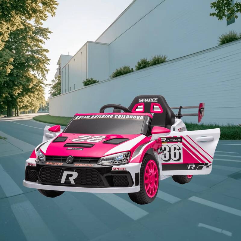 Dual Drive 12V Electric Ride-On Car with Openable Doors, Music, LED Lights, and Adjustable Speed for Kids Outdoor Fun - Pink