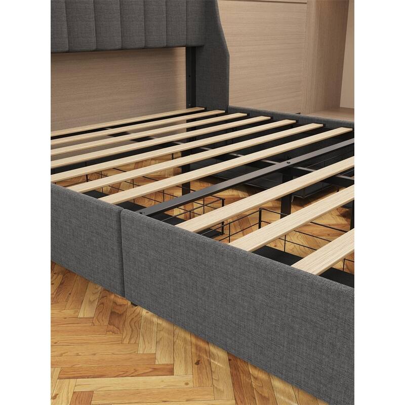 Wingback Headboard Upholstered Platform Bed Frame with 4 Drawer