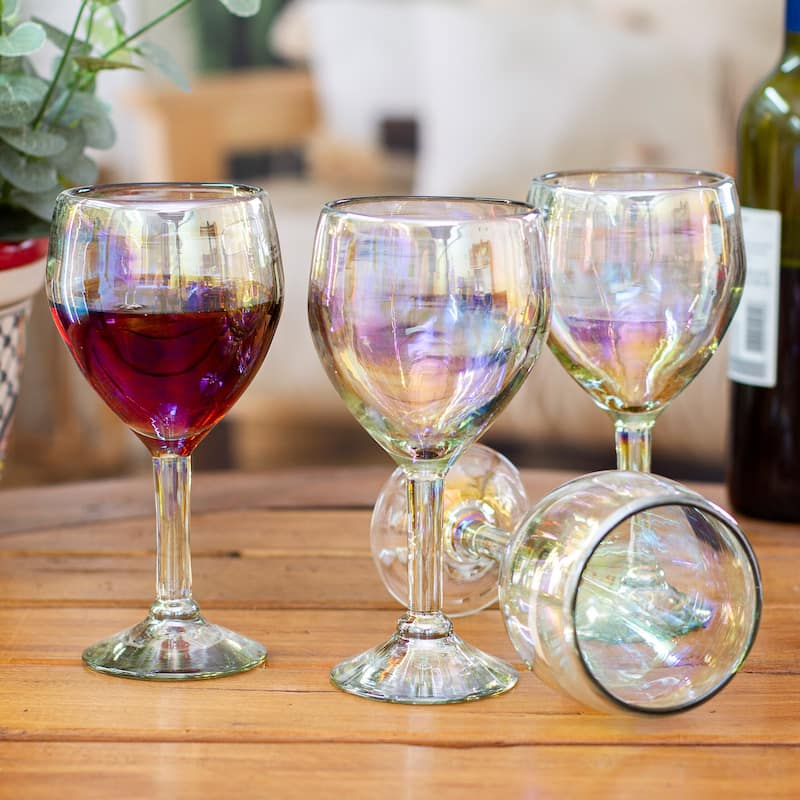 NOVICA Artisan Handblown Recycled Ecofriendly Wine Glasses Clear From Mexico Tableware Drinkware 'Ethereal Fineness'(Set Of 4)
