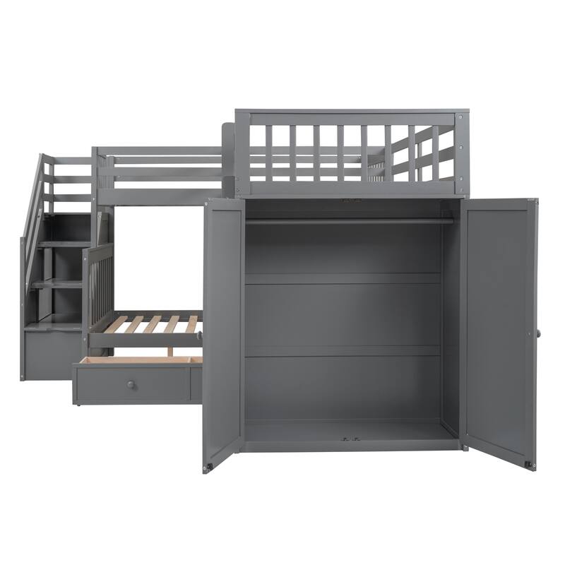 L-Shaped Bunk Bed with Storage Stairs, Fold Desk, Wardrobe, Twin - Twin Over Full Bed with Pull-out Underneath Storage Drawers