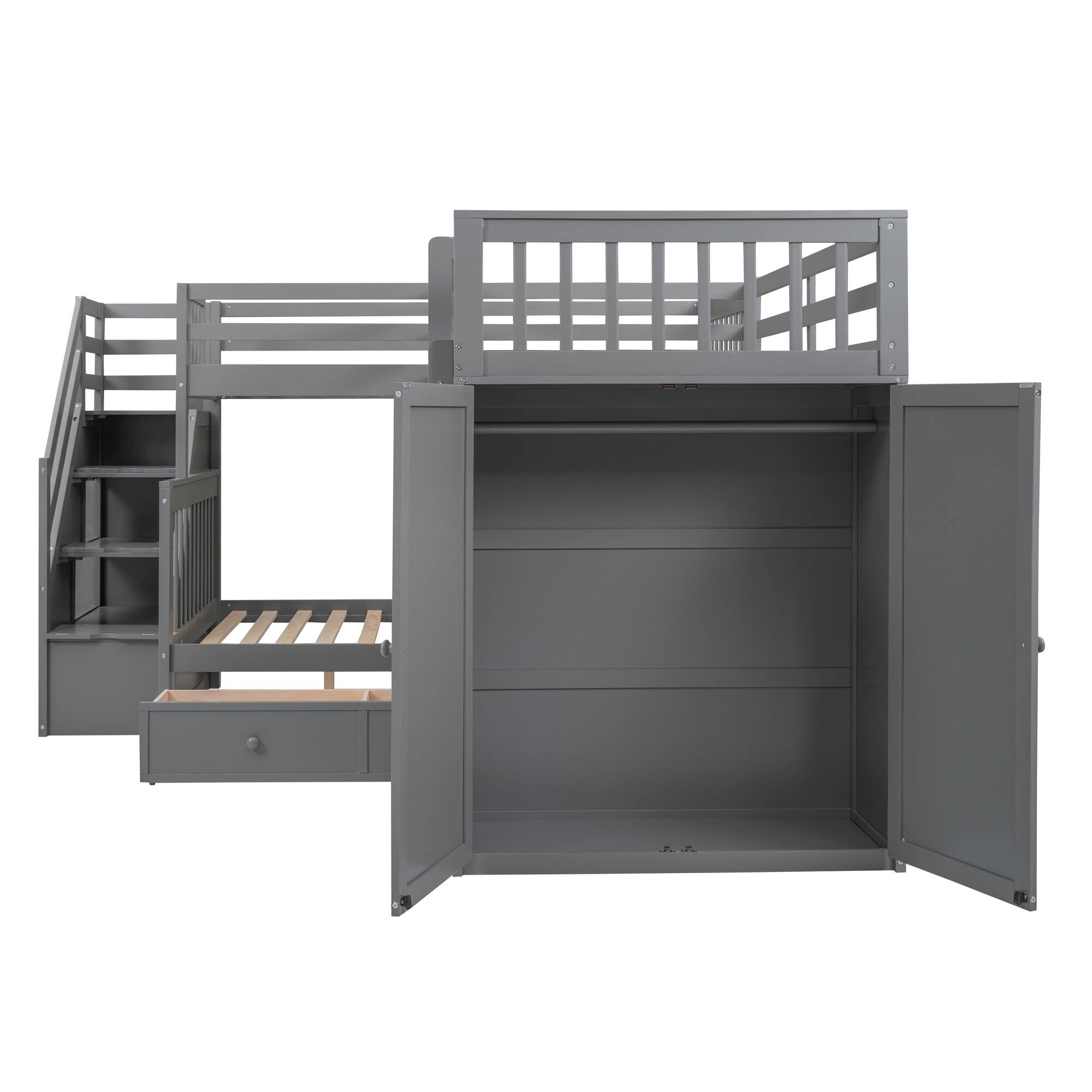 TwinTwin over Full LShaped Bunk Bed with 3 Drawers, Desk and Wardrobe Multifunctional Bunk Bed