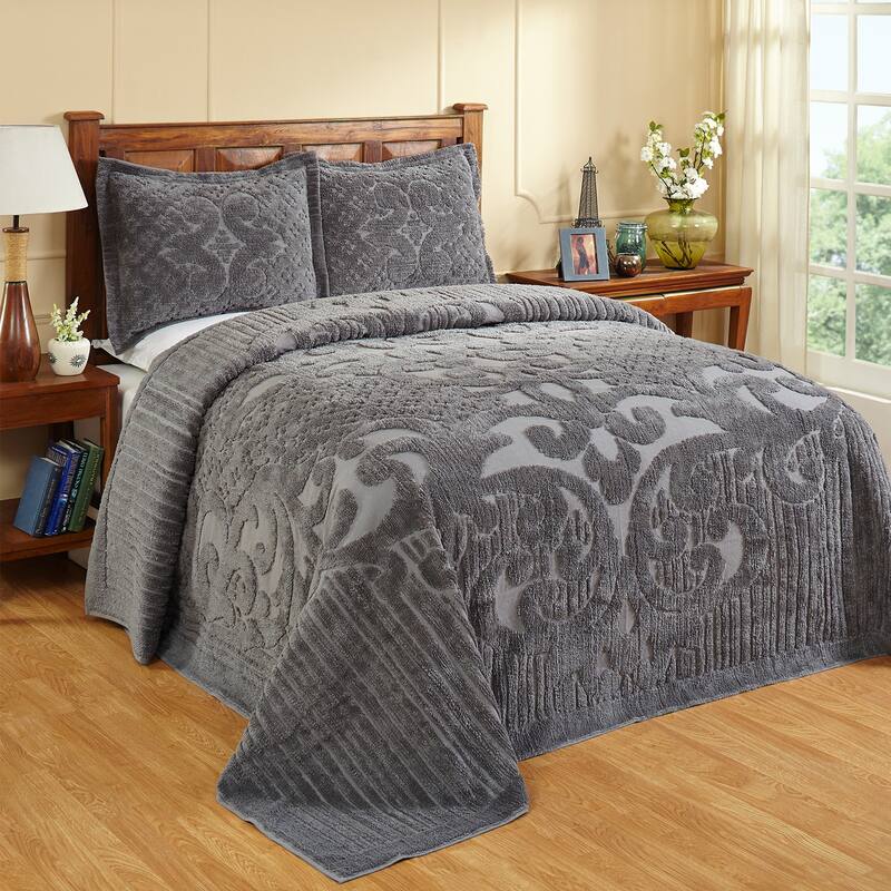 Better Trends Chenille Bedspread Set with Sham Medallion Design 100% Cotton Soft Machine Washable Tufted Ashton Collection - Gray - Queen