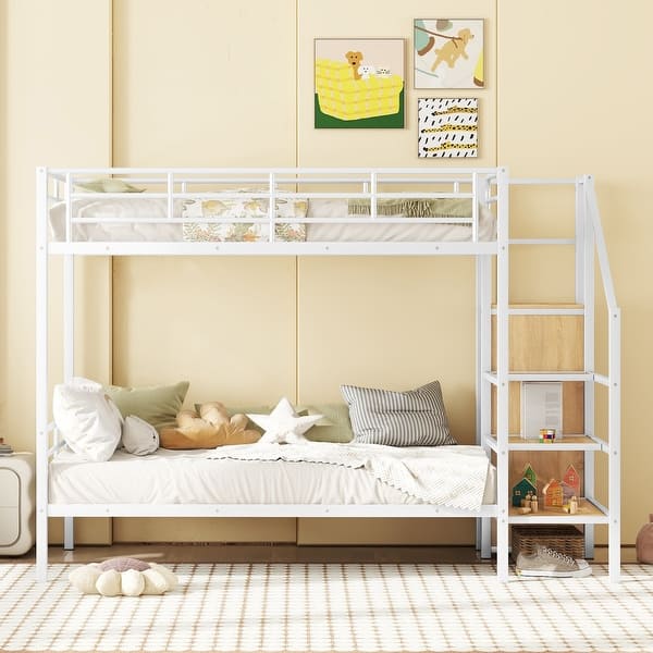 slide 2 of 22, Multifunctional Design Twin Over Twin Metal Bunk Bed with Lateral Storage Ladder and Wardrobe White