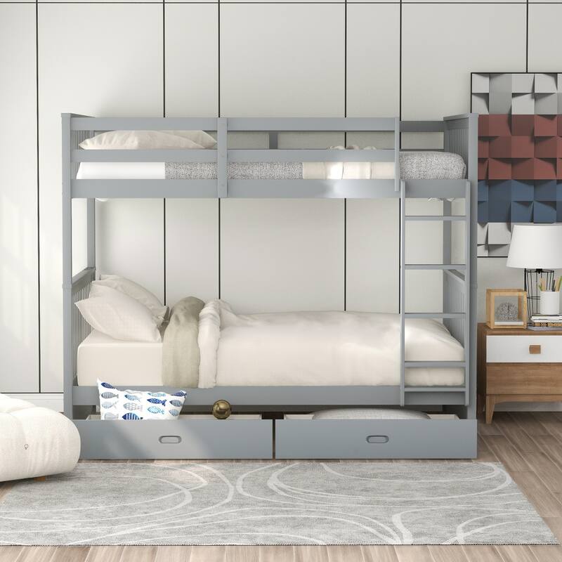 80 in. Twin-Over-Twin Bunk Bed with Ladders and Two Storage Drawers