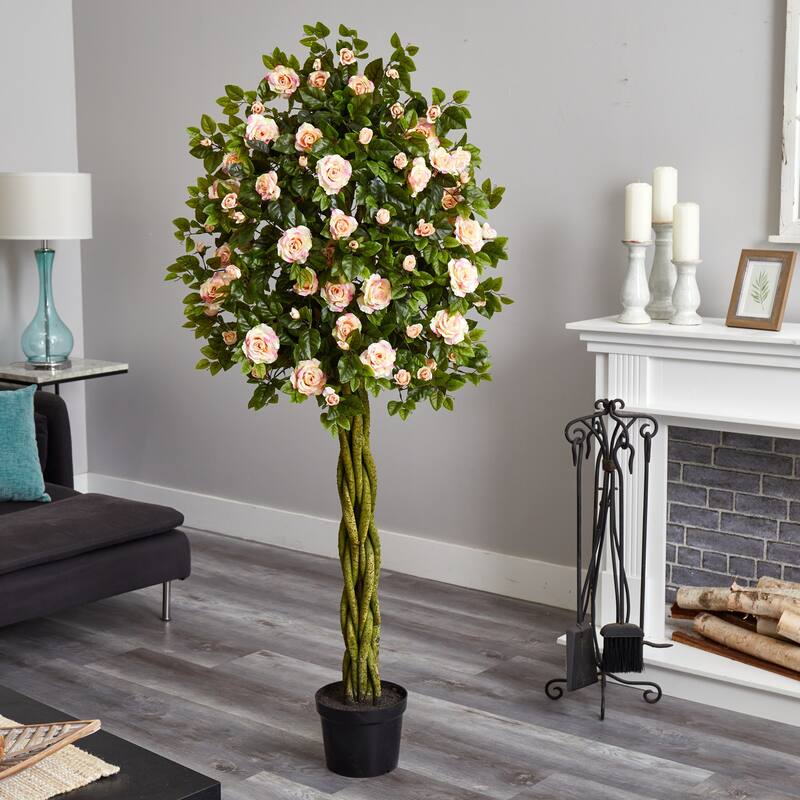 Artificial Island Tree - 6ft Indoor Tree with Pink Blooms & Green Leaves - Home Decor Accent Plant - 51-60 Inches