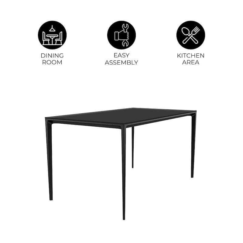 Avo Modern Rectangular Dining Table for 6, Glass or Sintered Stone Top with Black Aluminum Base for Kitchen & Dining Room