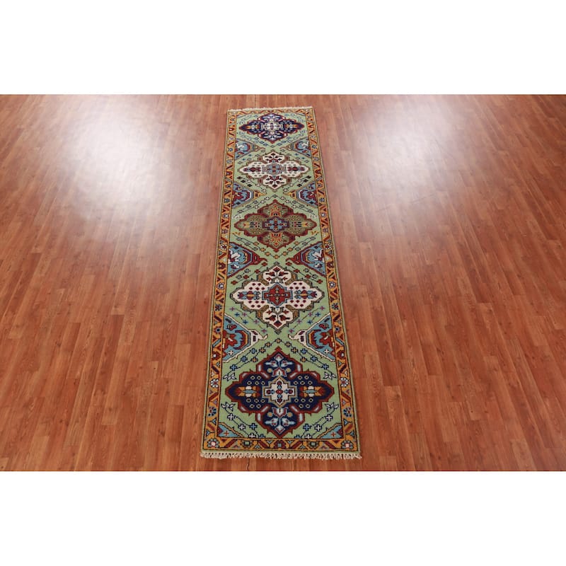 Hand Knotted Oriental 100% Wool Carpet Traditional Geometric Green Kazak Runner Rug - 9' 8'' X 2' 7''