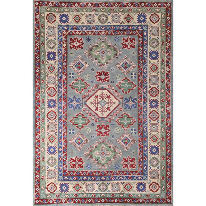 Gray Geometric Kazak Oriental Area Rug Wool Carpet - 6'3" x 8'11"