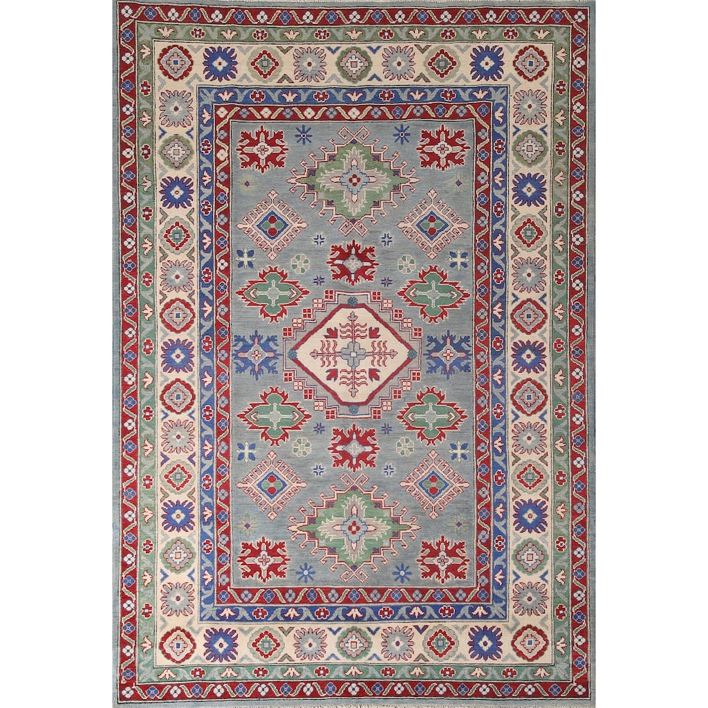 Gray Geometric Kazak Oriental Area Rug Wool Carpet - 6'3" x 8'11"
