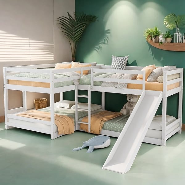 slide 2 of 15, Stylish Full and Twin Size L-Shaped Bunk Bed with Slide and Short Ladder, 4 Beds in 1, Sturdy Frame, Gray Grey