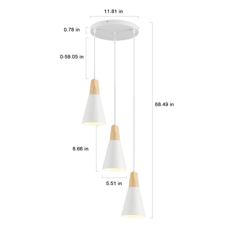 Modern 3-Light Wood Triangle Semi Flush Mount Chandelier, Kitchen Island Pendant Lights for Kitchen Island Dining Room