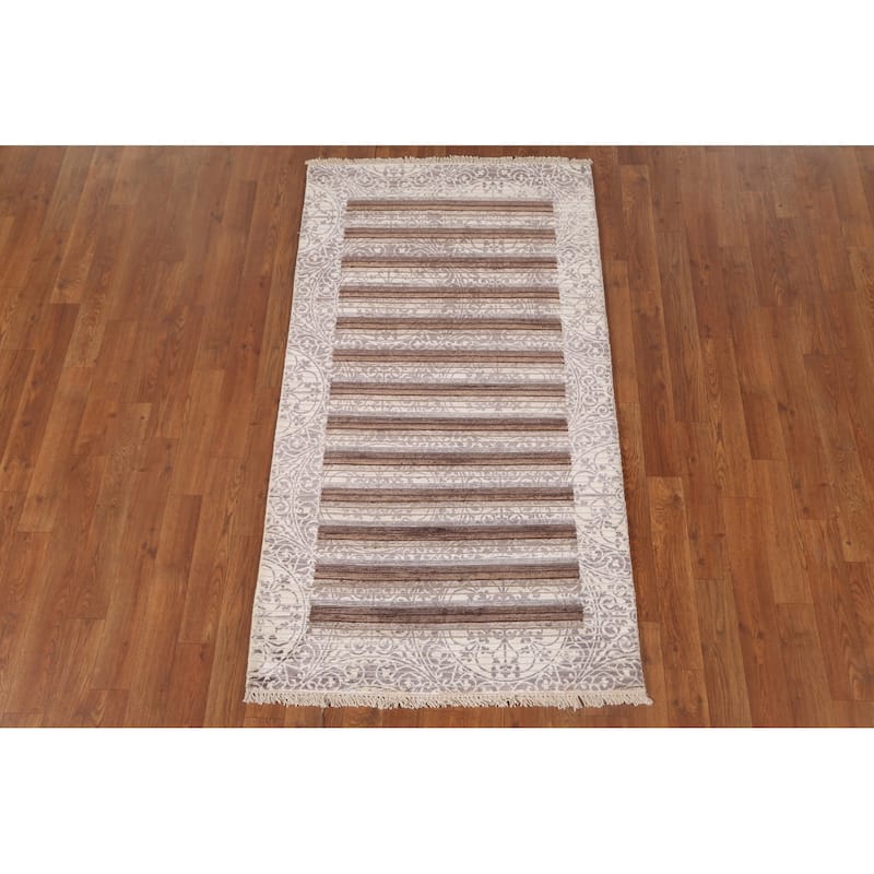 Beige Striped Abstract Accent Rug Handmade Oriental Wool Carpet - 2'9"x 5'0"