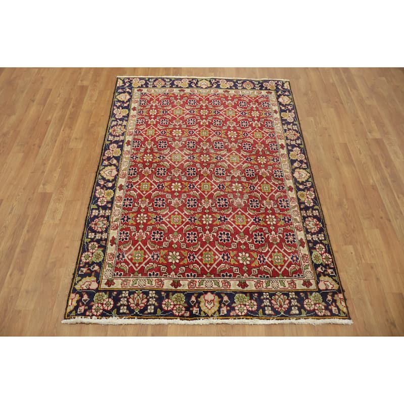 Hand Knotted Oriental 100% Wool Carpet Traditional All-Over Red Tabriz Area Rug - 5' 10'' X 4' 1''