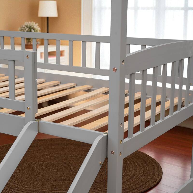 Twin Size House Loft Bed with Slide for Kids, Wood Frame Playhouse Style Bunk, No Box Spring Needed