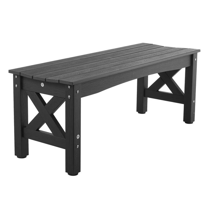 Black Plastic Backless Garden Bench with Cross-Leg Design for Comfortable 2-Person Seating - 44.5” x 15.7” x 17.1”