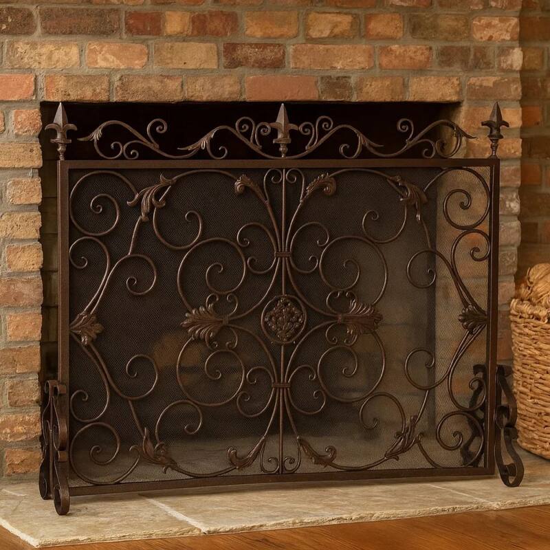 Fireplace Screen, Scrollwork Design, Iron, 45x35 Black, Gold Finish