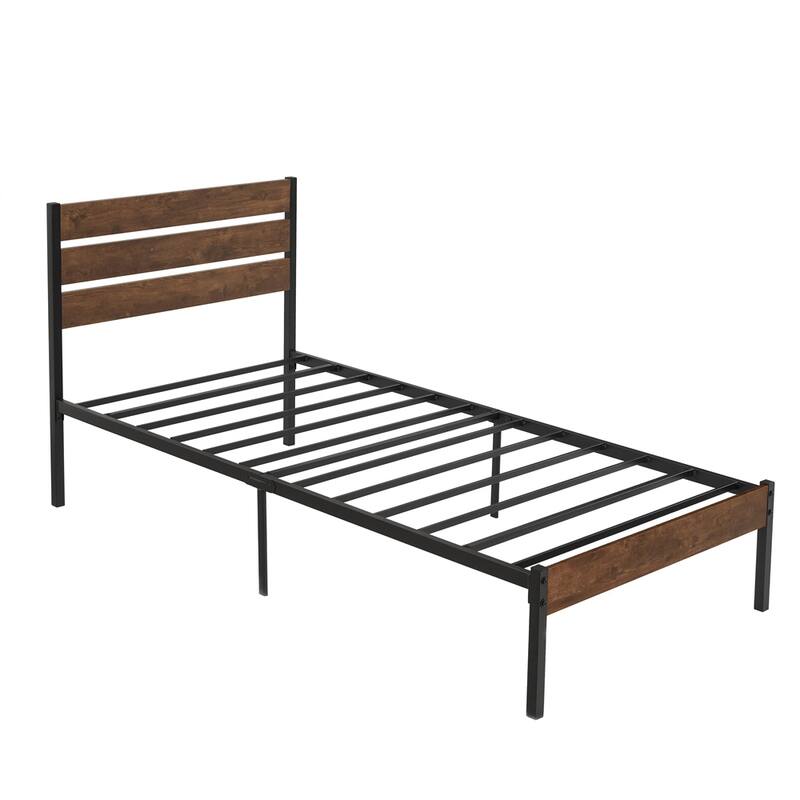 Wood Platform Bed Frame with Headboard and Metal Frame