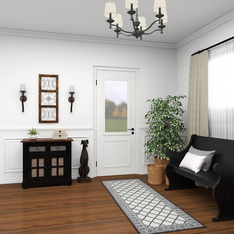 Brown Wood Distressed Panel Scroll Home Wall Decor with Bronze Metal Scrollwork