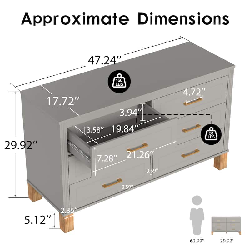 6-Drawer Double Dresser with Metal Handles & Solid Wood Legs, Kids Bedroom Storage Organizer