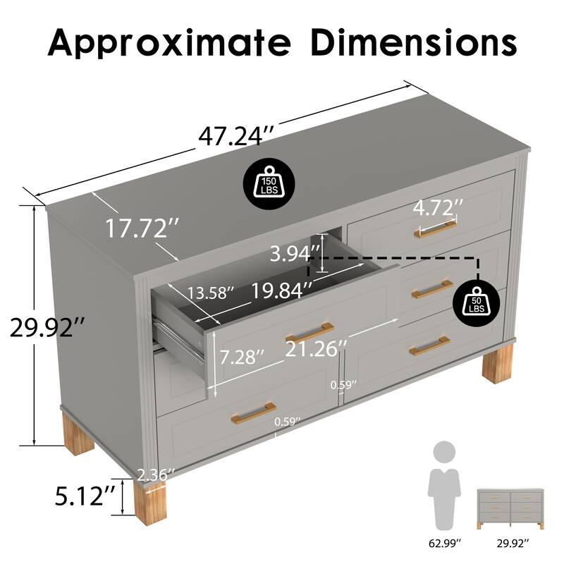 Modern Storage 6 Drawers Cabinet with Metal Handles and Solid Wood Legs
