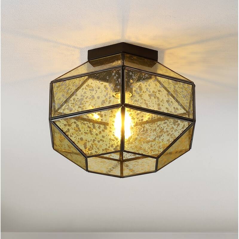 Bee 12.5" 1-Light Vintage Farmhouse Iron/Glass LED Flush Mount, Oil Rubbed Bronze by JONATHAN Y - 1 Light