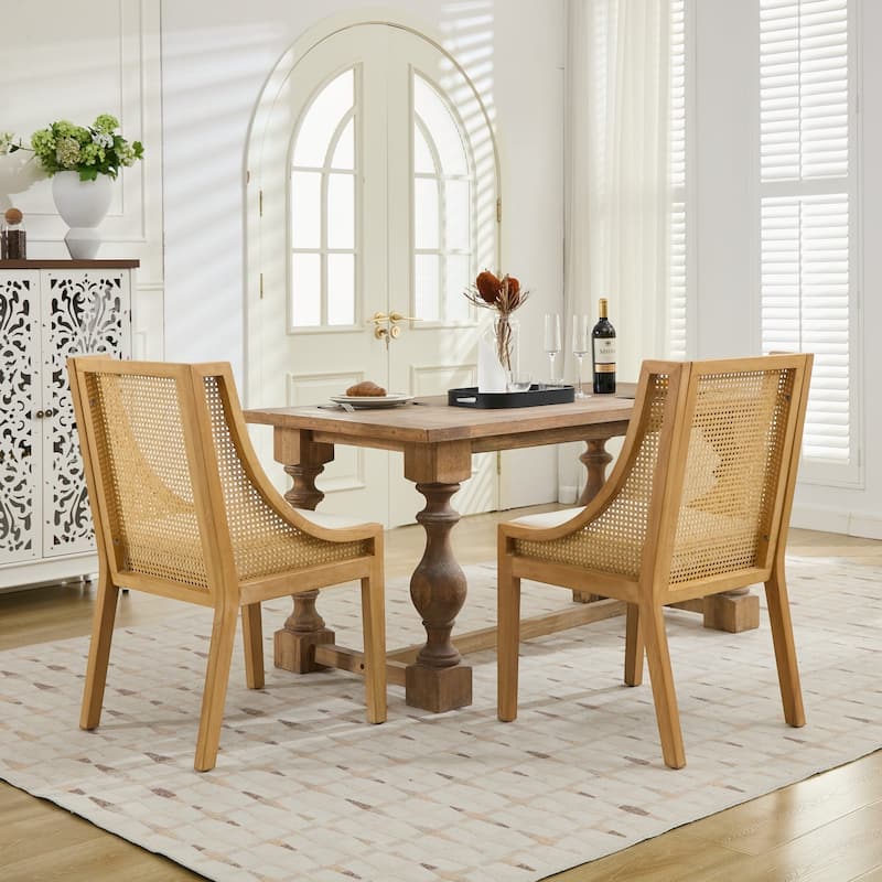 GDF Studio - Charlotte Rustic Rattan Dining Chair with Decorative Armrests and Linen Upholstery