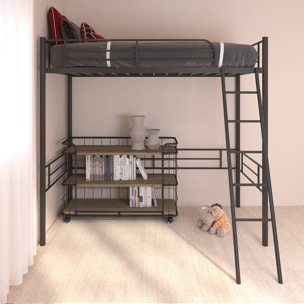 slide 2 of 9, Black Twin Size Steel Loft Bed with Guardrails & Ladder Black