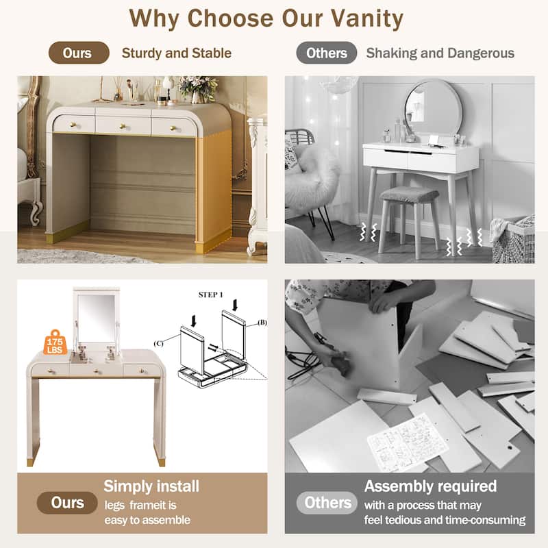 Roomfitters Flip Top Vanity Desk with Mirror and Hidden Storage, Modern Makeup Table with Gold Trim for Small Space