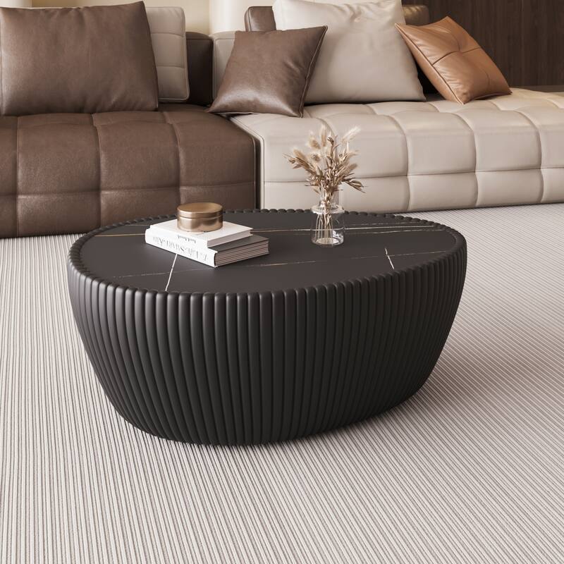 Goose Egg-Shaped Marble & Leather Coffee Table Accent Table, Side Table Sofa Table Bedside Table, No Assembly Required - Black