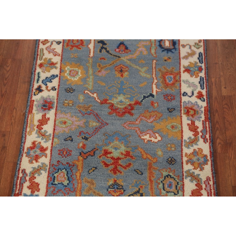 Blue Gray Floral Oushak Indian Foyer Rug Hand-Knotted Wool Carpet - 2'6"x 5'11"