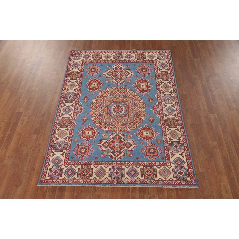Blue Geometric Kazak Oriental Area Rug Handmade Wool Carpet - 4'10" x 6'7"
