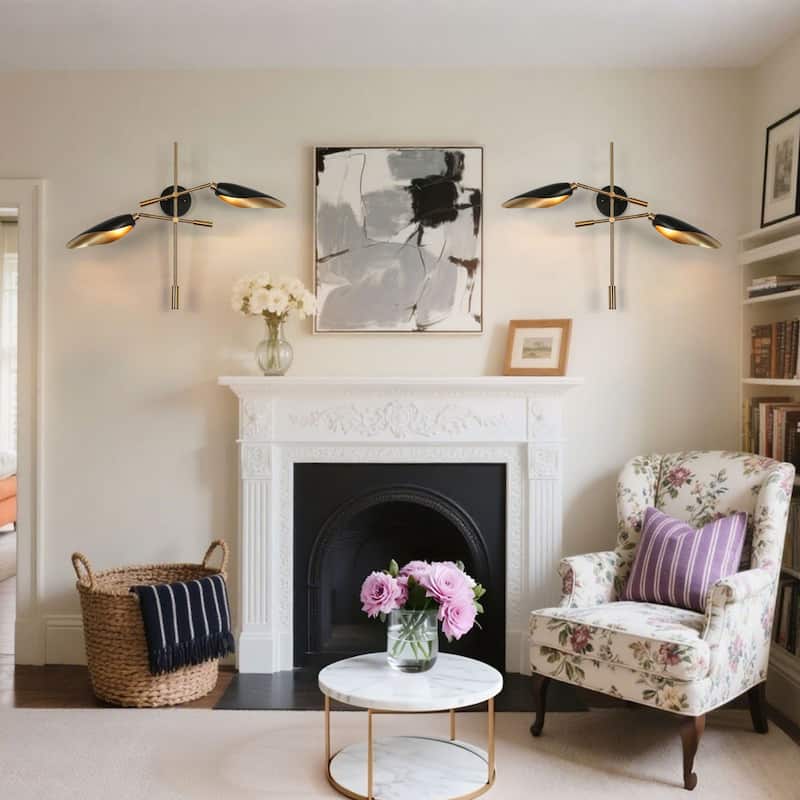 2-Light Modern Black Gold Large Wall Sconces Metal Bathroom Vanity Lights - 30.5" L x 6.5" W x 23.5" H