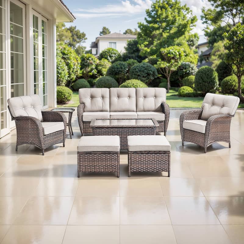 TWrap 7-Piece Patio Brown Wicker Sofa Conversation Set with 5-Inch Thick Cushions - Brown/Beige - 7-Piece