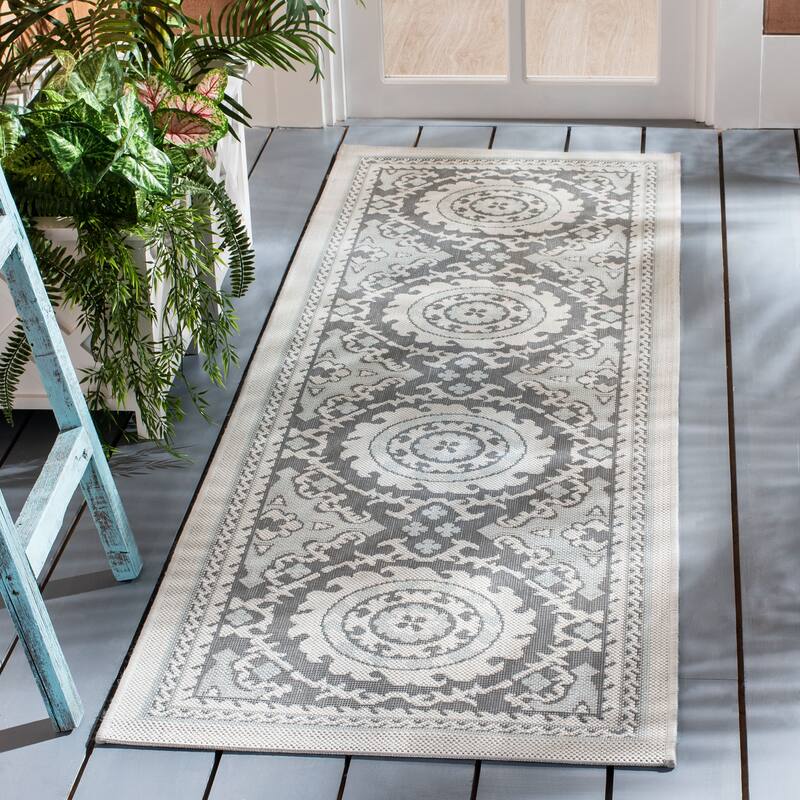 SAFAVIEH Courtyard Otilie Indoor/ Outdoor Waterproof Patio Backyard Rug - 2'7" x 8'2" Runner - Light Grey/Anthracite