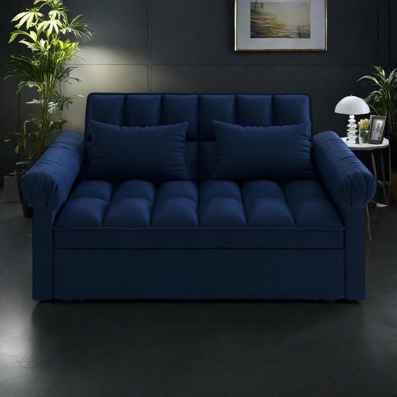 56" Foam 2-Seater Sofa Bed with Pull-Out Sleeper and Adjustable Backrest - Blue