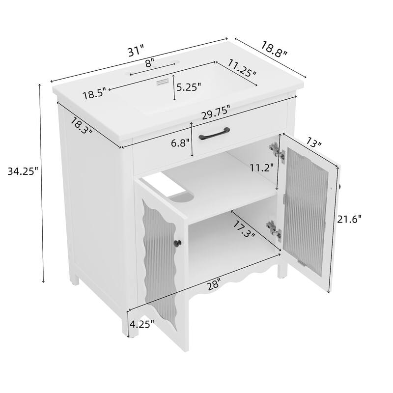 31" Bathroom Vanity with Tempered Glass - Modern Cabinet with Rubber Wood Legs and Soft-Close Doors