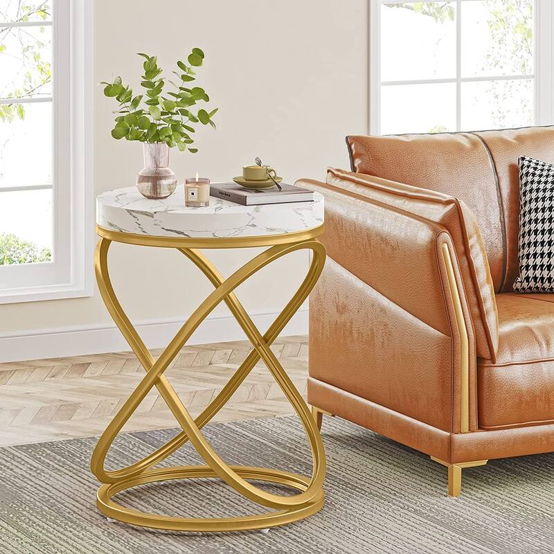 26 Inches White and Gold Faux Marble Top Nightstands Round End Table - Gold